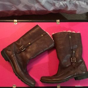 Brown leather UGG boots with fur lining